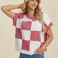 DOUBLE TAKE Full Size Checkered Round Neck Short Sleeve Sweater