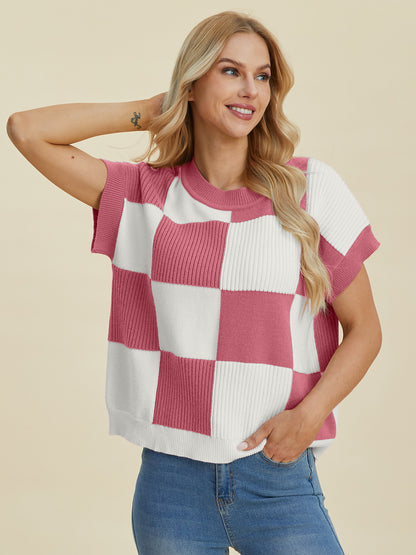 DOUBLE TAKE Full Size Checkered Round Neck Short Sleeve Sweater