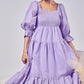 BiBi Lavender Swiss Dot Flounce Sleeve Smocked Tiered Midi Dress