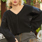 POL Women's Black Cable Knit Quilting Patch V-Neck Sweater