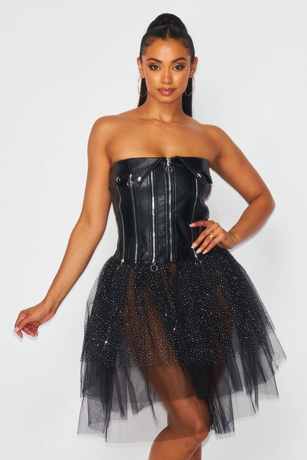 KAYLA Women's Black Contrast Mesh Faux Leather Zipper Detail Tutu Strapless Dress