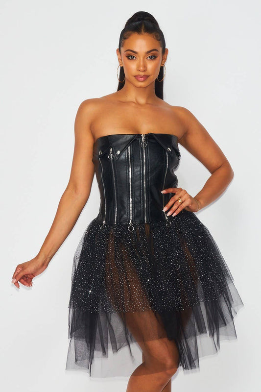 KAYLA Women's Black Contrast Mesh Faux Leather Zipper Detail Tutu Strapless Dress