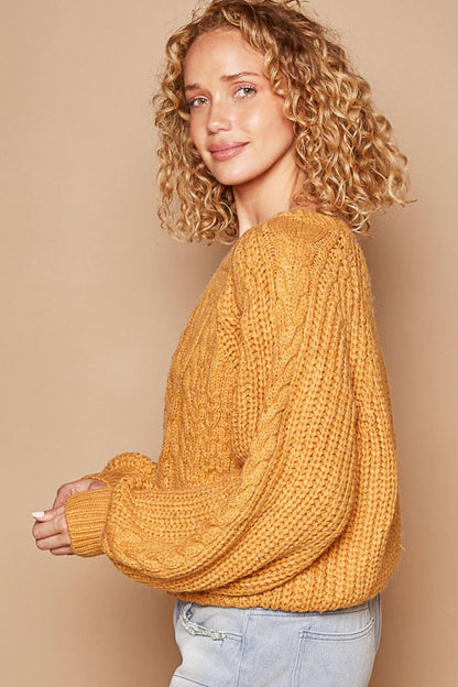 POL Cable Knit Cutout Long Sleeve Sweater in Color Honey Mustard