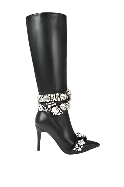 AZALEA WANG -ALONZA Women's Black Embellished Stiletto Boots