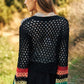 DAVI & DANI Floral Crochet Striped Sleeve Cropped Knit Sweater