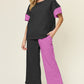 DOUBLE TAKE Full Size Texture Contrast T-Shirt and Wide Leg Pants Set