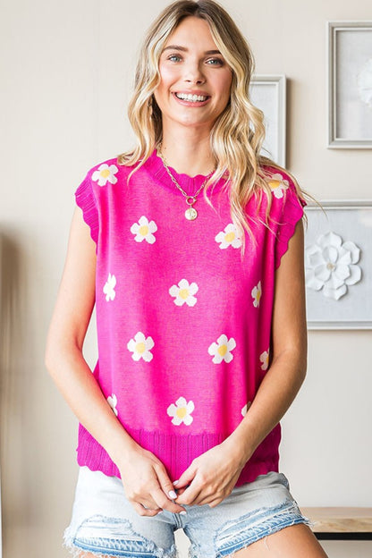 FIRST LOVE Fuchsia Full Size Flower Pattern Round Neck Sweater Vest