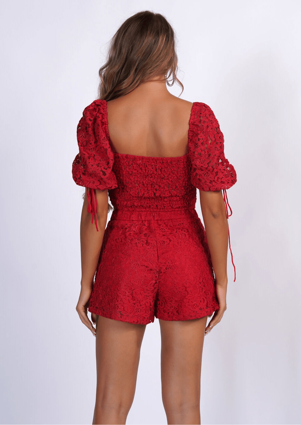 Elegant Miami Lace Short Set With Ruffle Short Sleeves & V-Neckline Detail