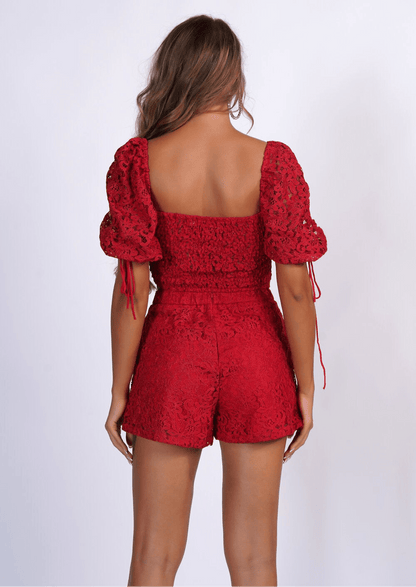 Elegant Miami Lace Short Set With Ruffle Short Sleeves & V-Neckline Detail