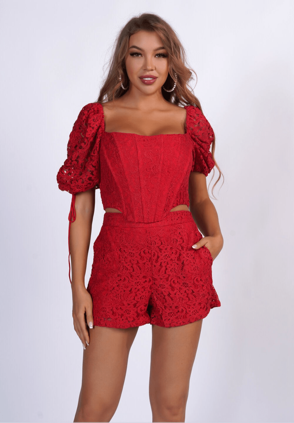 Elegant Miami Lace Short Set With Ruffle Short Sleeves & V-Neckline Detail