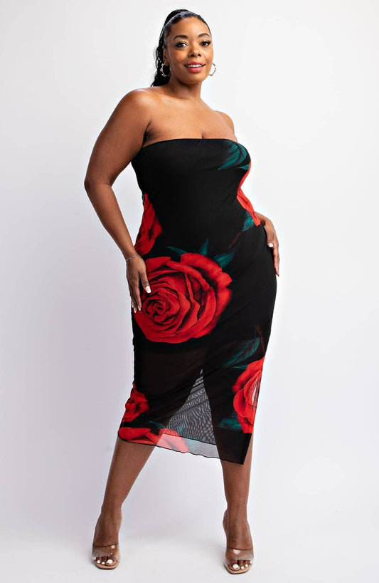 Emilia Plus Size Mesh Print Strapless Dress with Slit
