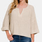 ZENANA Sand Beige Notched Side Slit Patch Sweater
