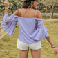 Blue Purple Casual Boho Square Collar Flare Sleeve Top