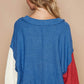 POL Women's Royal Blue Sweater with Exposed Seam Contrast V-Neck Lantern Sleeve