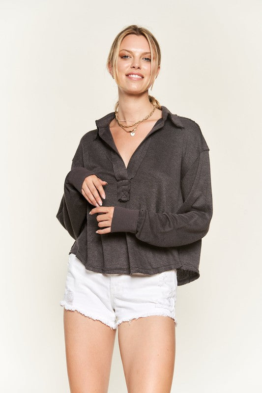 JADE by JANE Deep V-neck Collared Long sleeve Knit Top
