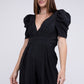 NUVI APPAREL Black V Neck Puff Sleeves Jumpsuit