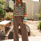 DAVI & DANI Floral Crochet Striped Sleeve Cropped Knit Sweater