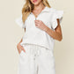 DOUBLE TAKE Full Size Texture Flounce Sleeve Top and Drawstring Shorts Set