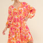 AND THE WHY Casual Full Size Orange Multi Floral Print V-neck Dress with Long Balloon Sleeves