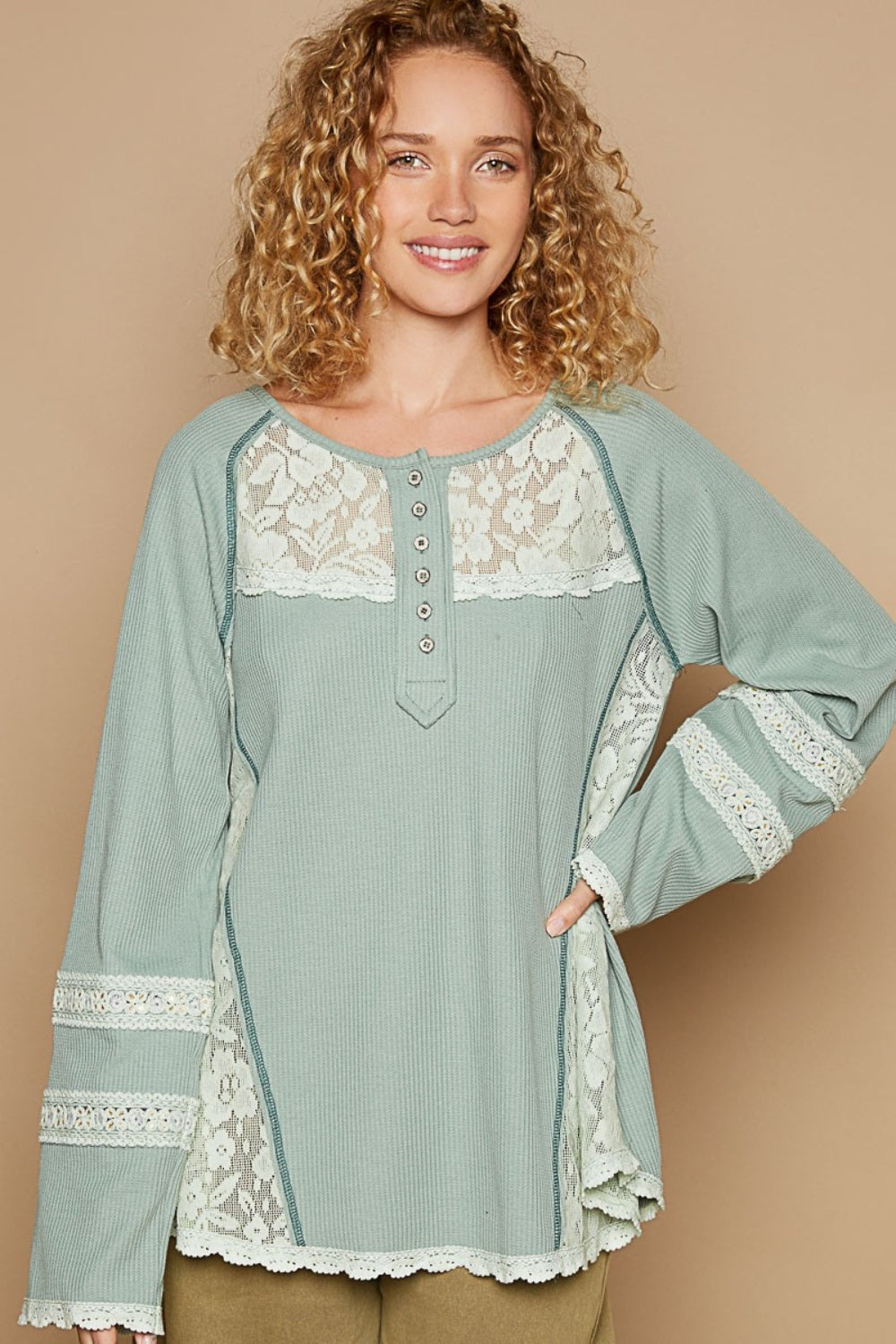 POL Women's Forest Green Round Neck Long Sleeve Lace Trim Thermal Top