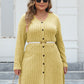 Plus Size Ribbed Buttoned V-Neck Long Sleeve Dress