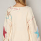 POL Pale Beige V-Neck Long Sleeve Star Fringe Sweater