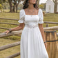 White Square Neck Flounce Sleeve Midi Dress
