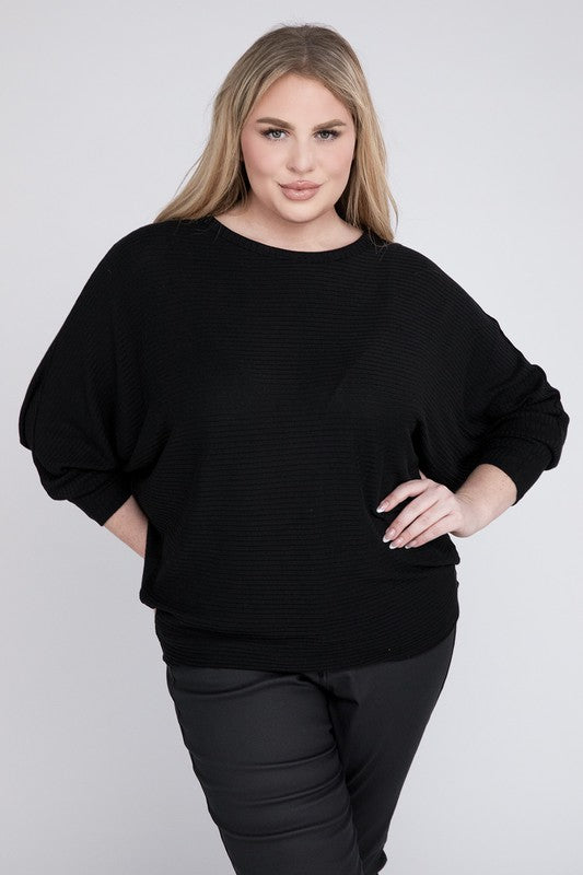 ZENANA Plus Ribbed Batwing Long Sleeve Boat Neck Sweater