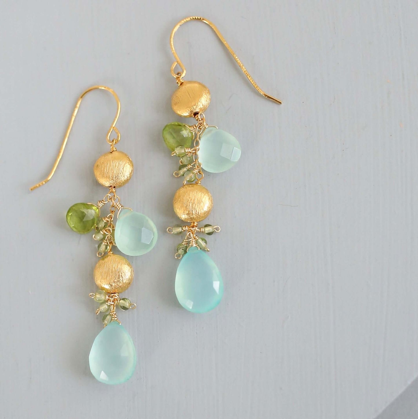 Aqua Chalcedony & Peridot Gold Drop Earrings