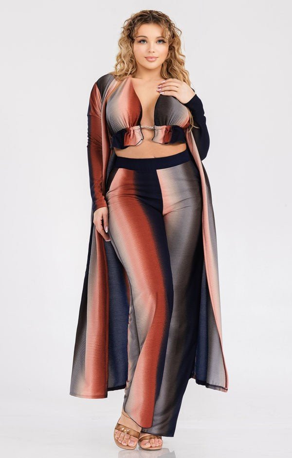 Ombre Plus Size Three Piece Rib Crop Top Pant Set With Cardigan