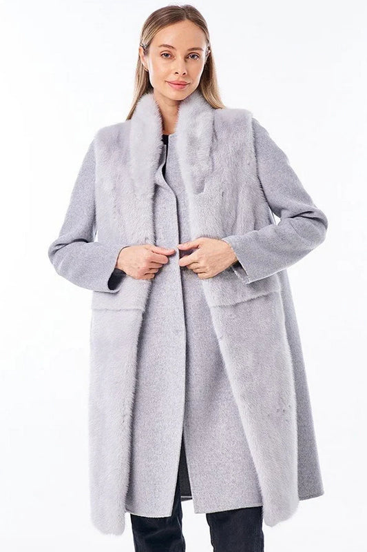 Genuine Mink Fur Virgin Wool Coat Plus Vest