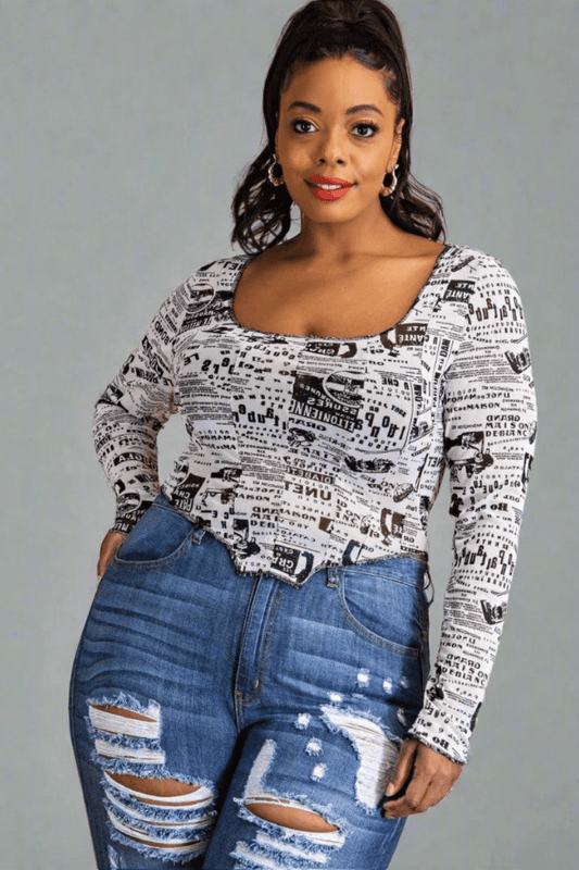 Read all About it Plus Size Scoop Neck Top with Contrast Stitching