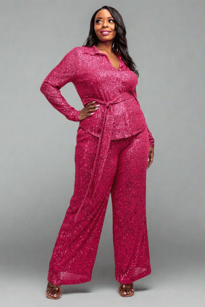 Sylvia Luxury Plus Size Sequin Shirt and Wide Leg Pants Set