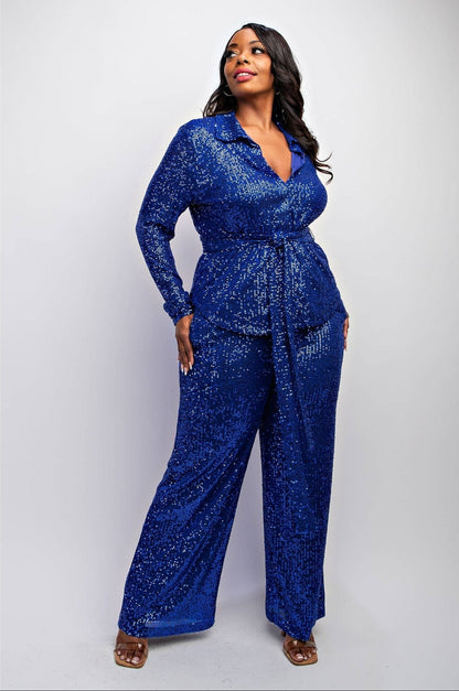 Sylvia Luxury Plus Size Sequin Shirt and Wide Leg Pants Set