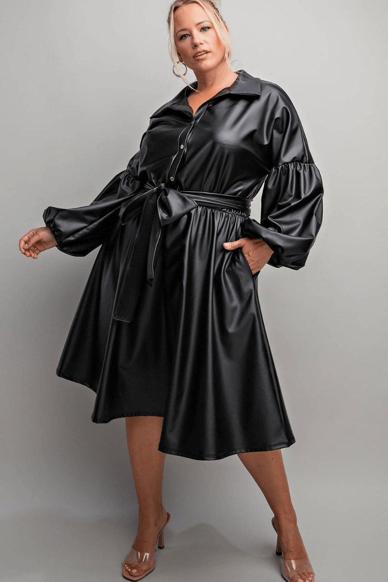 Victoria Plus Size Faux Leather Button Front Fit Flare Dress