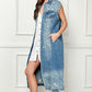 VEVERET Full Size Distressed Sleeveless Longline Denim Jacket