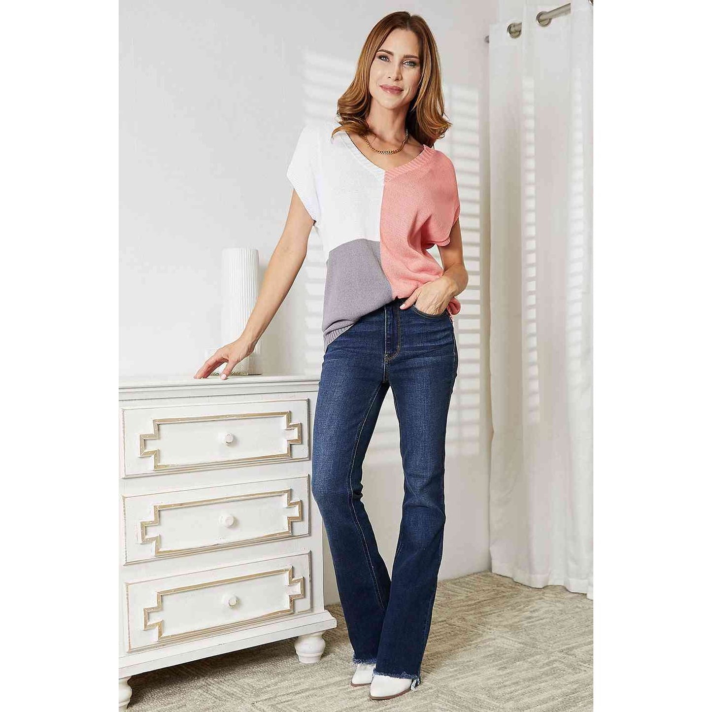 DOUBLE TAKE Color Block V-Neck Knit Top