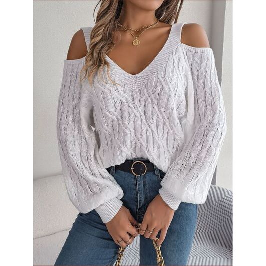 Cable-Knit Cold Shoulder Long Sleeve Sweater