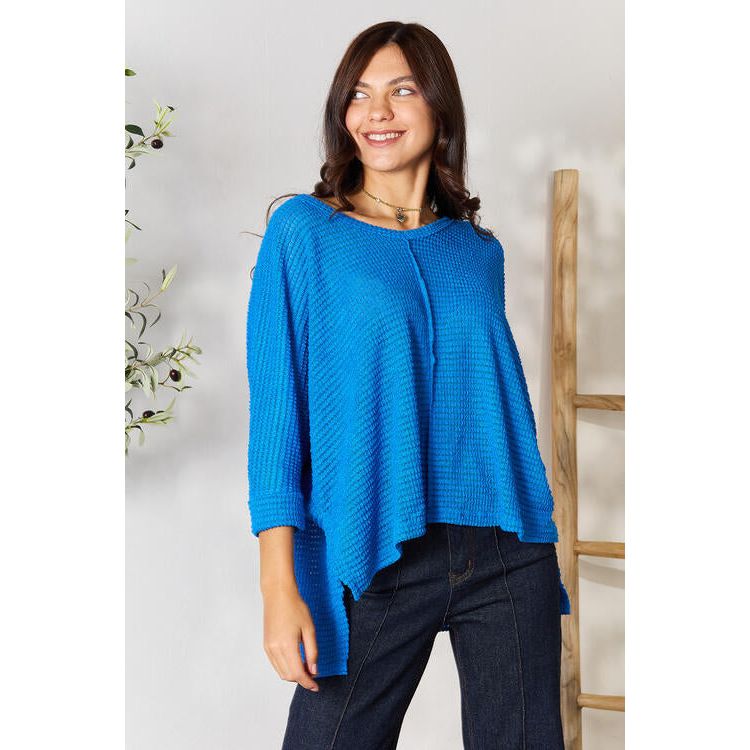 ZENANA Full Size Round Neck High-Low Slit Knit Top