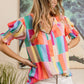 BiBi Multivivid Color Block Smocked Short Sleeve Blouse