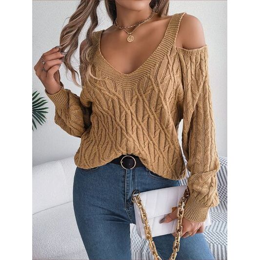 Cable-Knit Cold Shoulder Long Sleeve Sweater