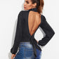 Backless Tie-Waist Turtleneck Lantern Sleeve Bodysuit