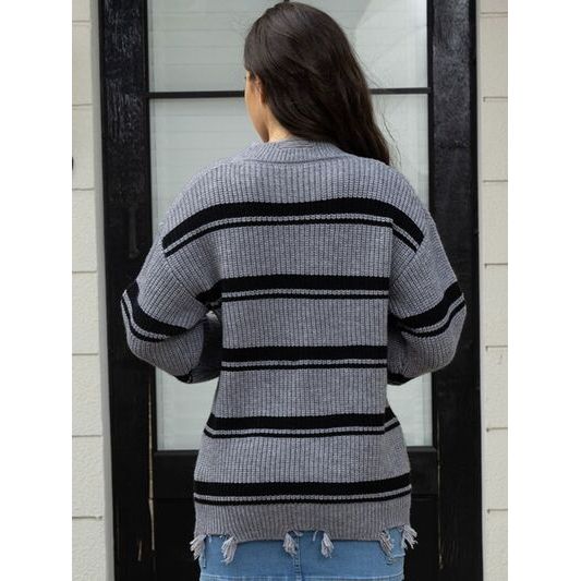 Striped Frayed Hem Round Neck Sweater