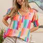 BiBi Multivivid Color Block Smocked Short Sleeve Blouse