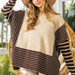 BiBi Mocha/Oatmeal Striped Contrast Long Sleeve Slit Top