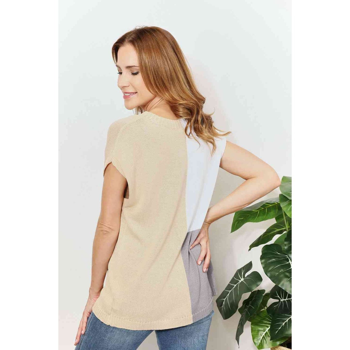 DOUBLE TAKE Color Block V-Neck Knit Top