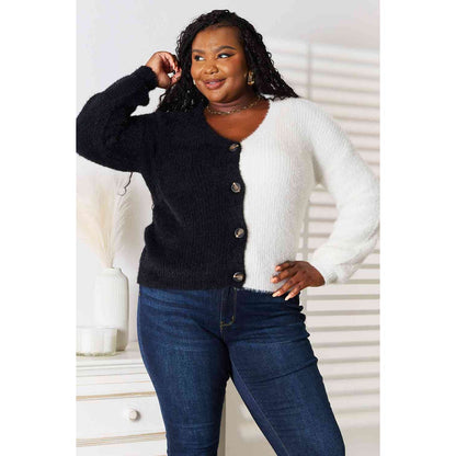 WOVEN RIGHT Contrast Button-Front V-Neck Cardigan