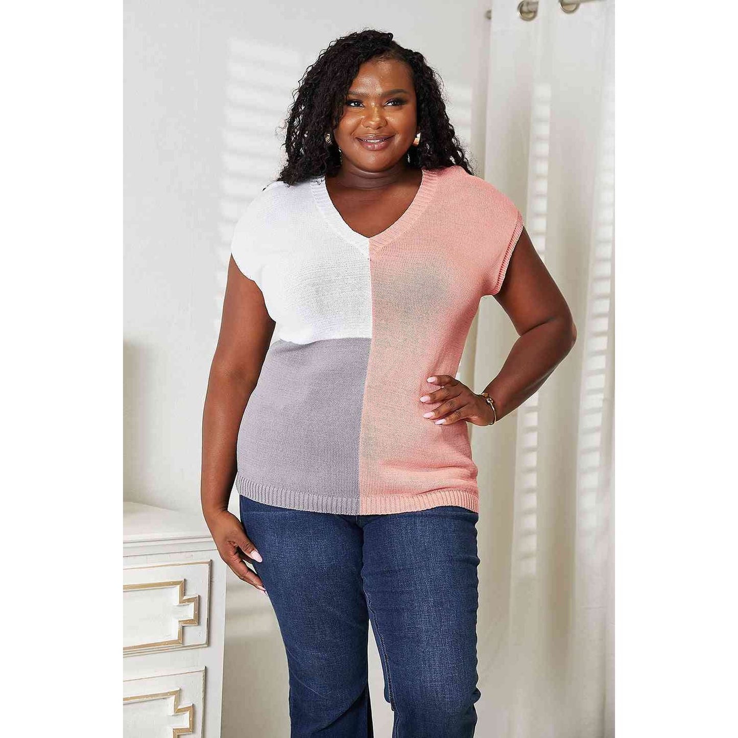 DOUBLE TAKE Color Block V-Neck Knit Top