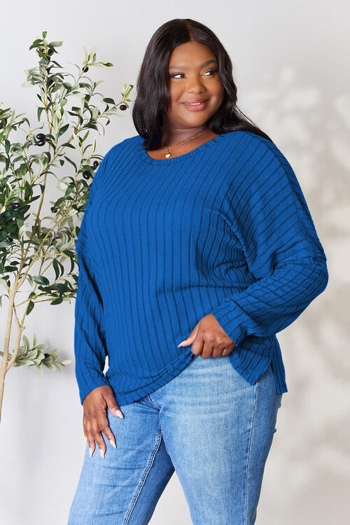 BASIC BAE Full Size Ribbed Round Neck Slit Knit Top