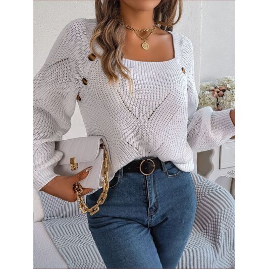 Openwork Buttoned Square Neck Sweater